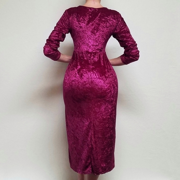 80s Vintage Cervelle Burgundy Crushed Velvet Regencycore Long Sleeve Midi Dress - Picture 3 of 13